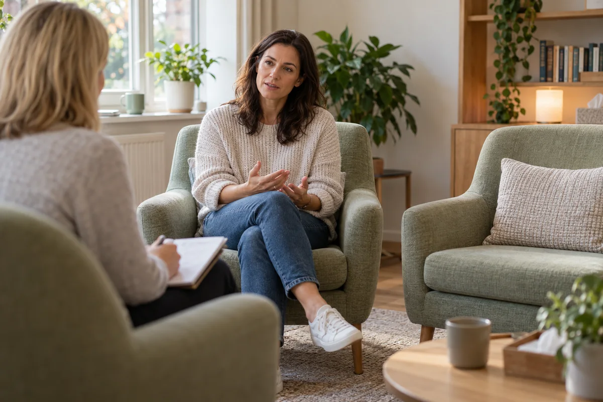 A woman attending counselling with an empty visitor chair beside her
