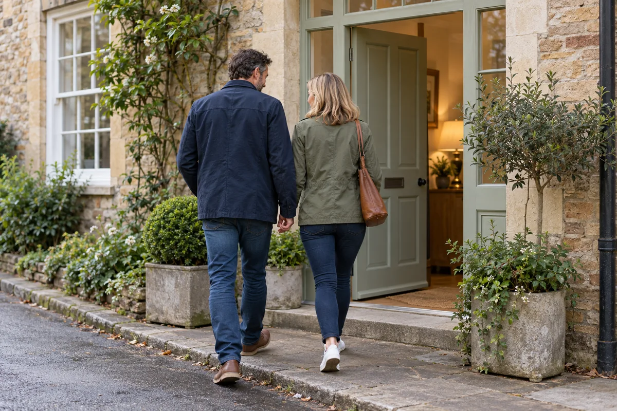 A person approaching a counselling appointment in an East Devon town