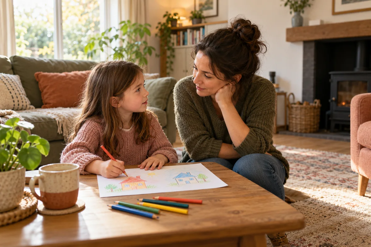 A parent listening to a child drawing two homes