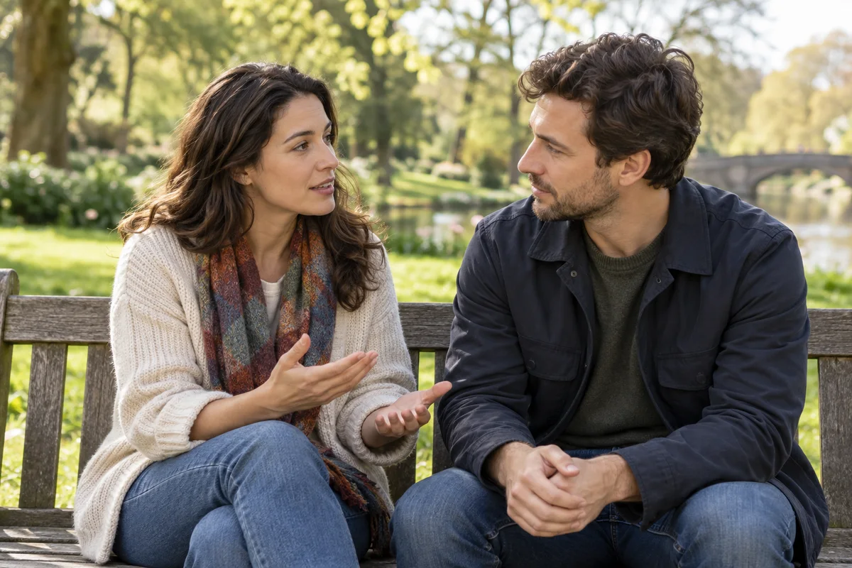 A woman expressing her needs while her partner listens on a park bench