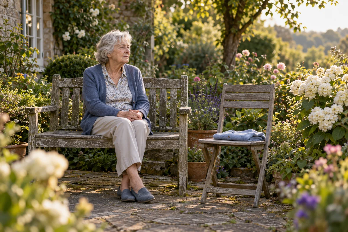 A person sitting quietly beside an empty garden chair