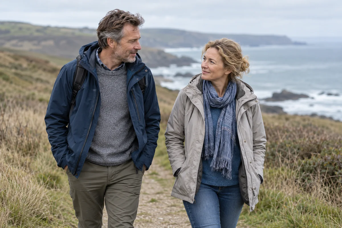 A couple gently reconnecting on a quiet walk