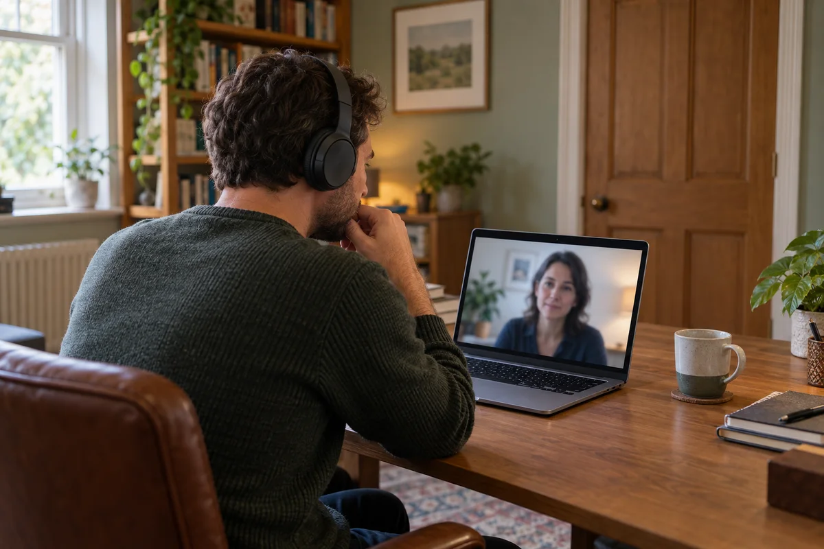 A person attending a private online counselling call