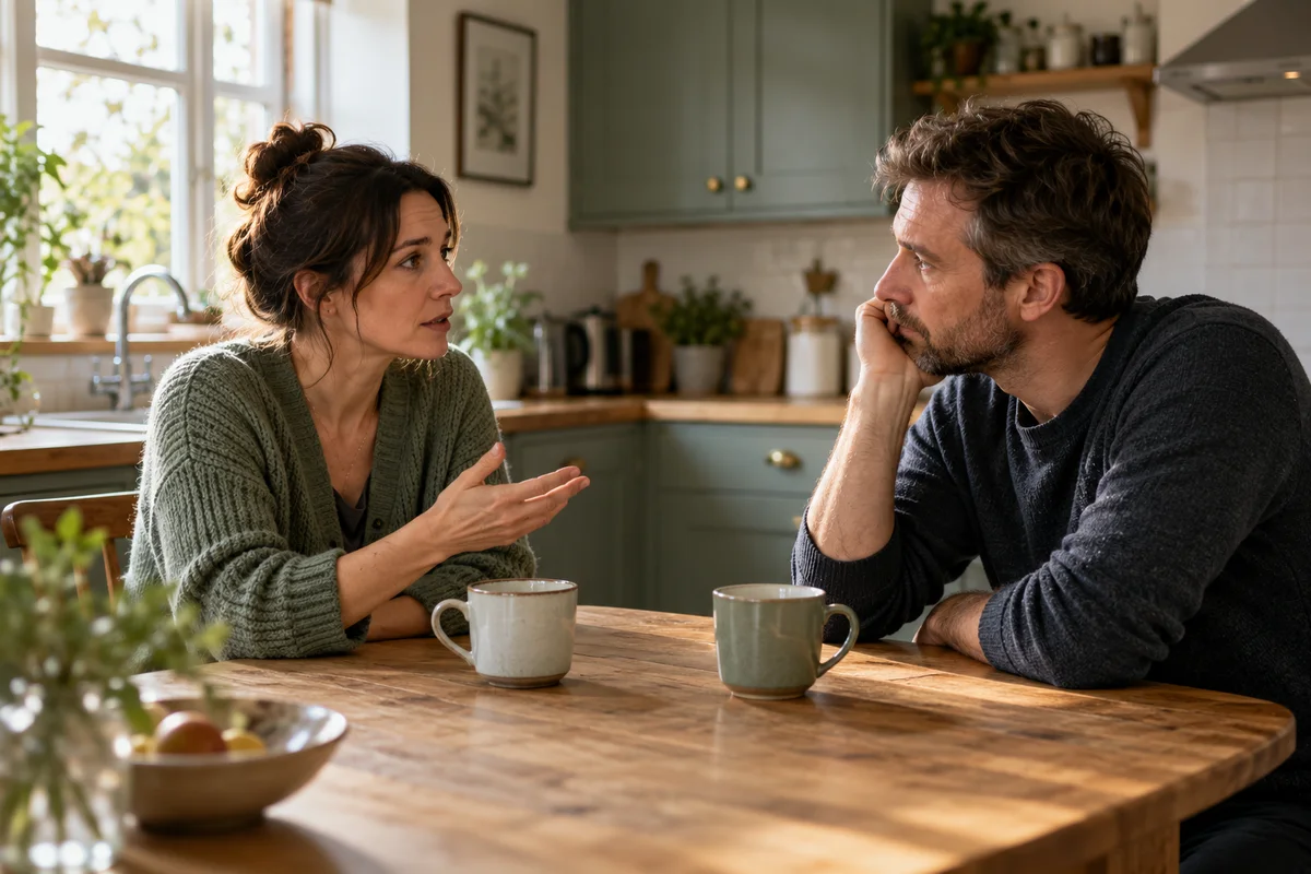 Partners discussing a recurring disagreement at their kitchen table
