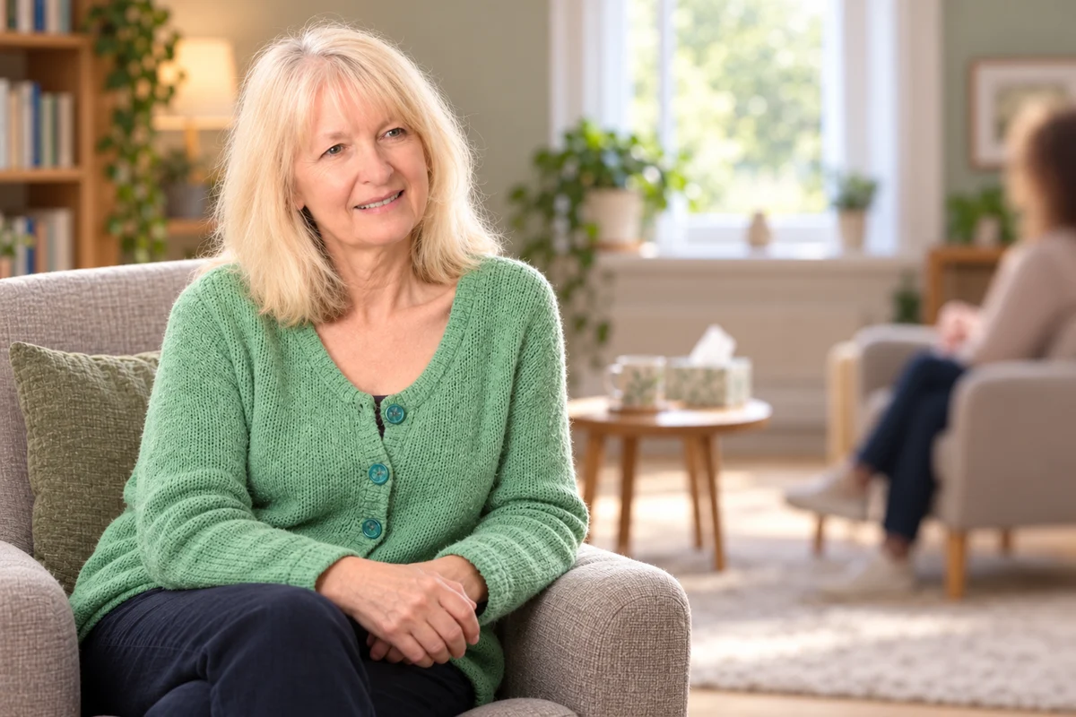 Anne Roberts in a counselling setting with a client softly out of focus
